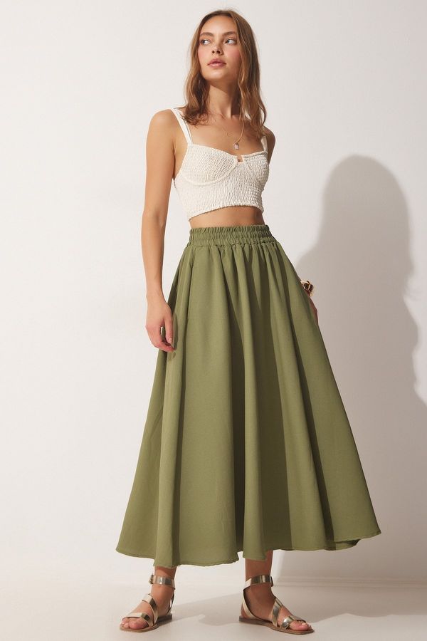 Happiness İstanbul Happiness İstanbul Women's Khaki Pocket Linen Flared Skirt