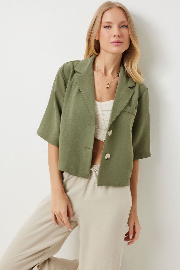 Happiness İstanbul Happiness İstanbul Women's Khaki Shawl Collar Seasonal Linen Ayrobin Shirt Jacket