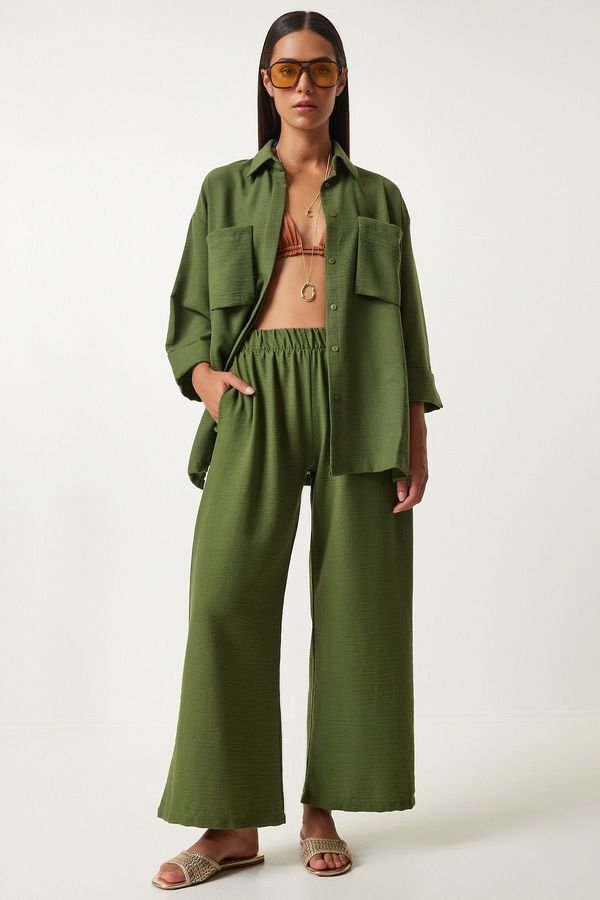 Happiness İstanbul Happiness İstanbul Women's Khaki Wide Pocket Linen Blend Shirt and Trousers Set