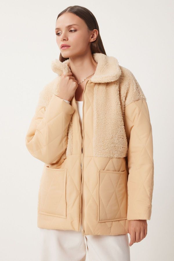 Happiness İstanbul Happiness İstanbul Women's Latte Plush Detailed Quilted Coat