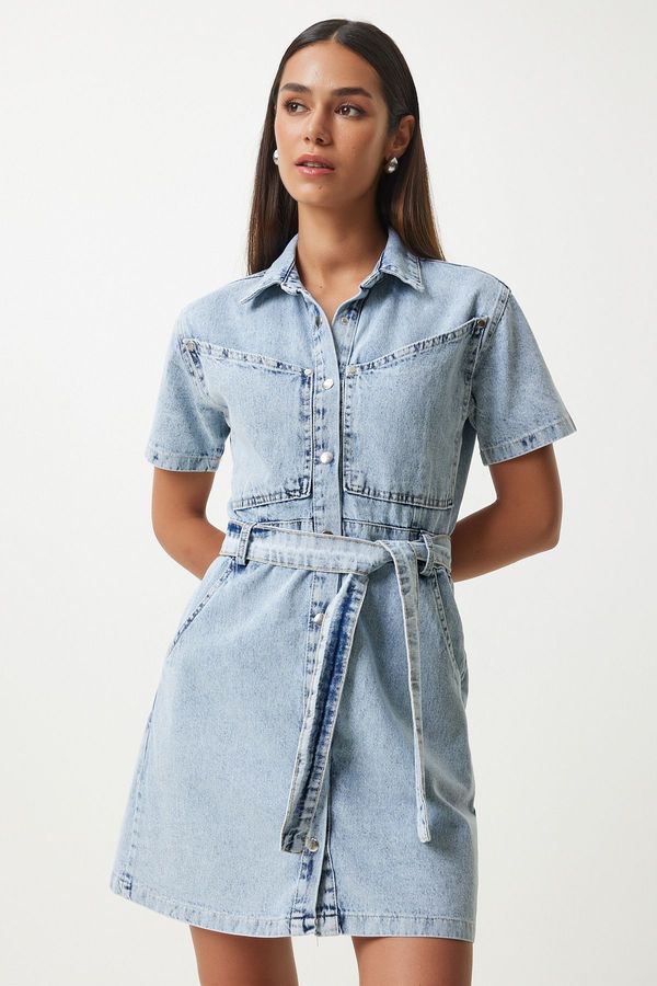 Happiness İstanbul Happiness İstanbul Women's Light Blue Belted Denim Dress