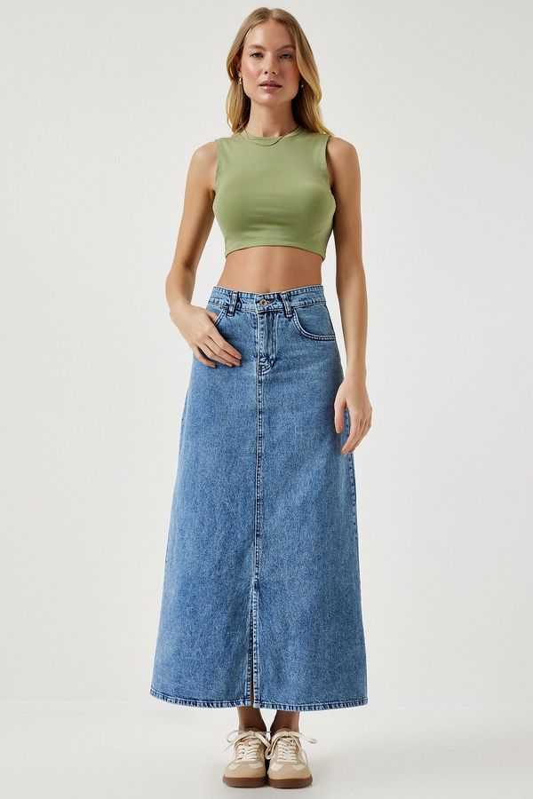 Happiness İstanbul Happiness İstanbul Women's Light Blue Slit Long Denim Skirt