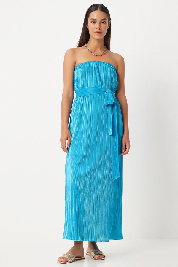 Happiness İstanbul Happiness İstanbul Women's Light Blue Strapless Belted Pleated Dress