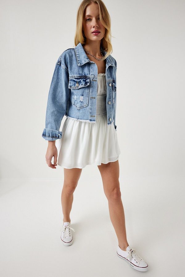 Happiness İstanbul Happiness İstanbul Women's Light Blue Tassel Detailed Denim Crop Jacket