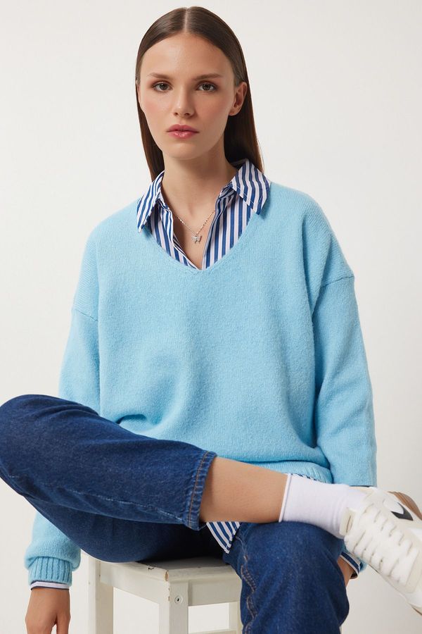 Happiness İstanbul Happiness İstanbul Women's Light Blue V-Neck Knitwear Sweater