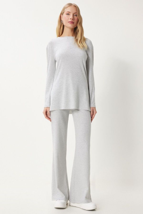 Happiness İstanbul Happiness İstanbul Women's Light Gray Comfortable Corduroy Knitted Blouse Trousers Set
