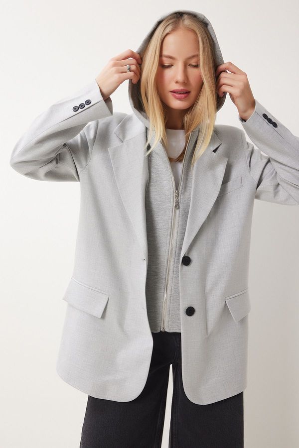 Happiness İstanbul Happiness İstanbul Women's Light Grey Hooded Detailed Woven Blazer Jacket