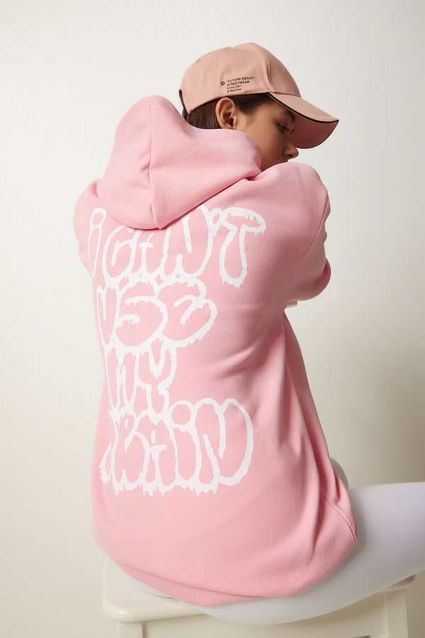 Happiness İstanbul Happiness İstanbul Women's Light Pink Hooded Printed Raised Sweatshirt