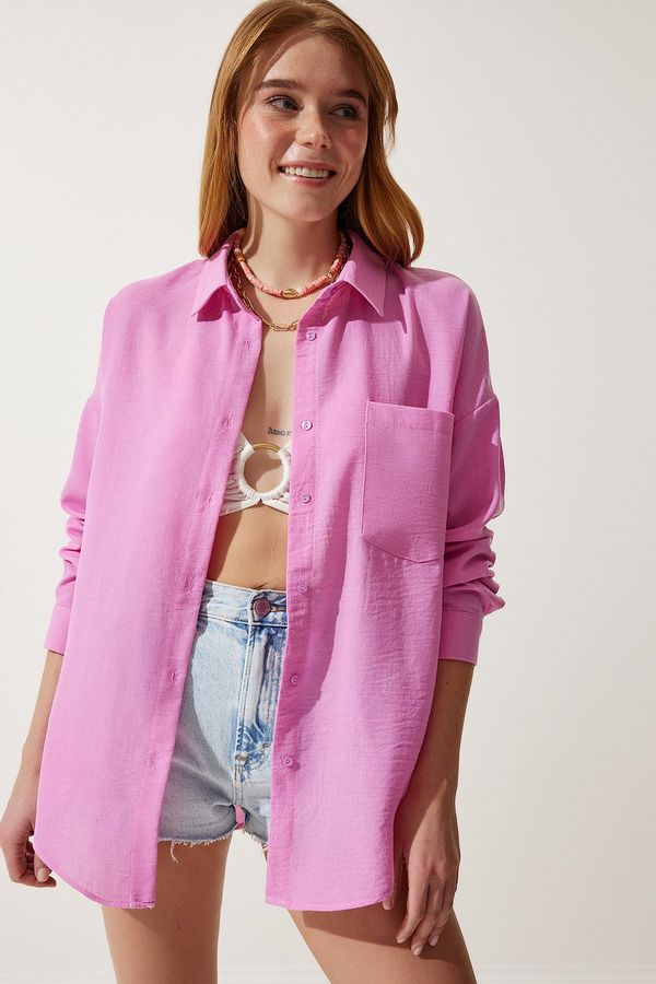 Happiness İstanbul Happiness İstanbul Women's Light Pink Oversize Linen Ayrobin Shirt