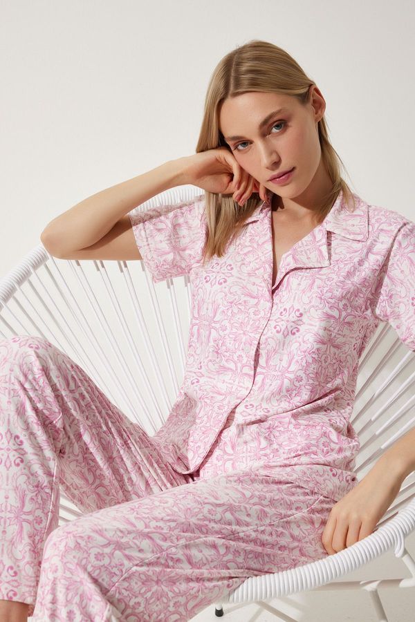 Happiness İstanbul Happiness İstanbul Women's Light Pink Patterned Shirt Pants Knitted Pajamas Set