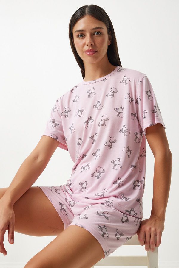 Happiness İstanbul Happiness İstanbul Women's Light Pink Patterned Viscose Shorts T-Shirt Pajama Set