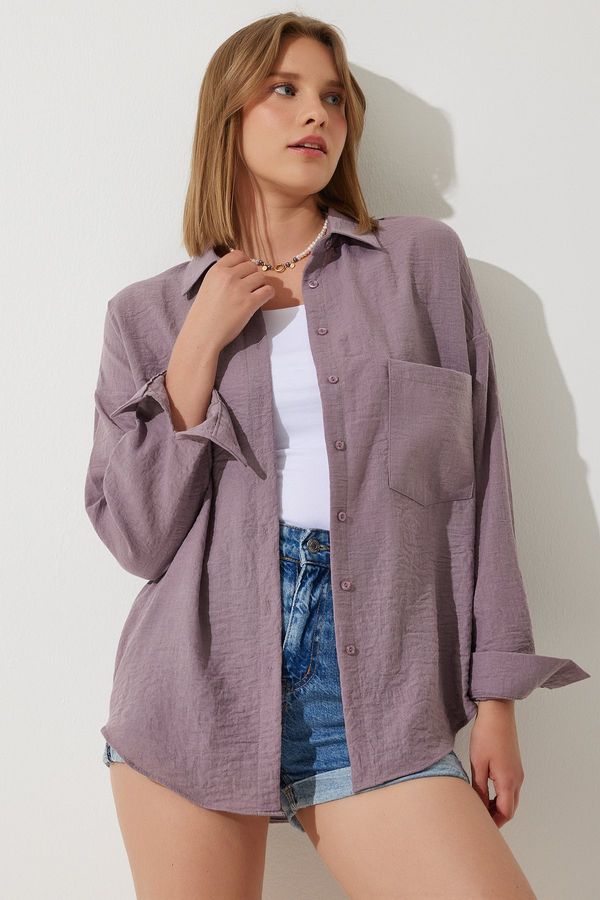 Happiness İstanbul Happiness İstanbul Women's Lilac Oversize Linen Ayrobin Shirt