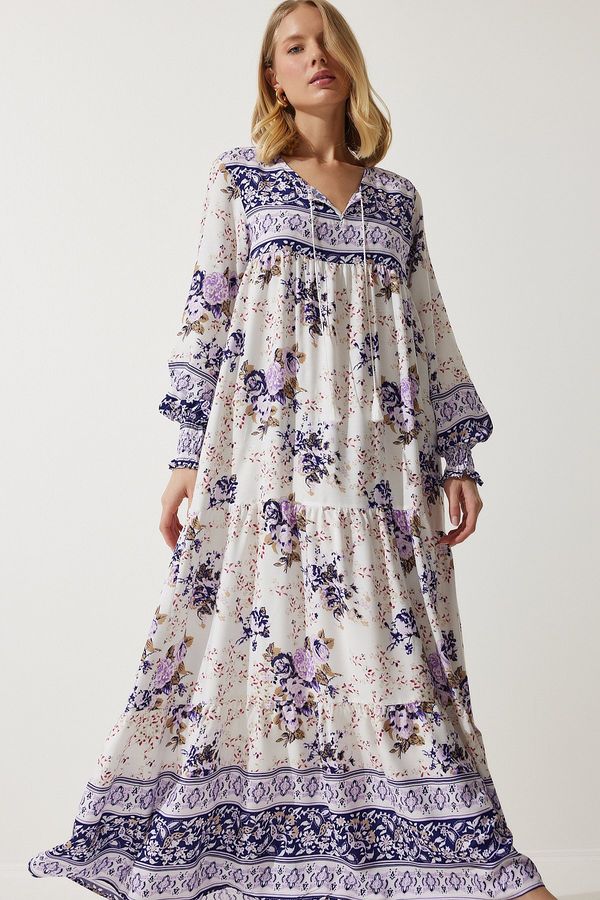 Happiness İstanbul Happiness İstanbul Women's Lilac Patterned Oversize Long Viscose Dress