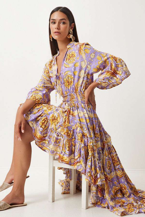 Happiness İstanbul Happiness İstanbul Women's Lilac Yellow Patterned Asymmetrical Summer Long Viscose Dress