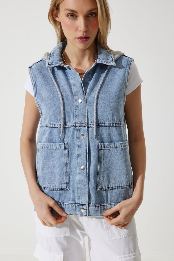 Happiness İstanbul Happiness İstanbul Women's Medium Blue Hooded Wide Pocket Denim Vest
