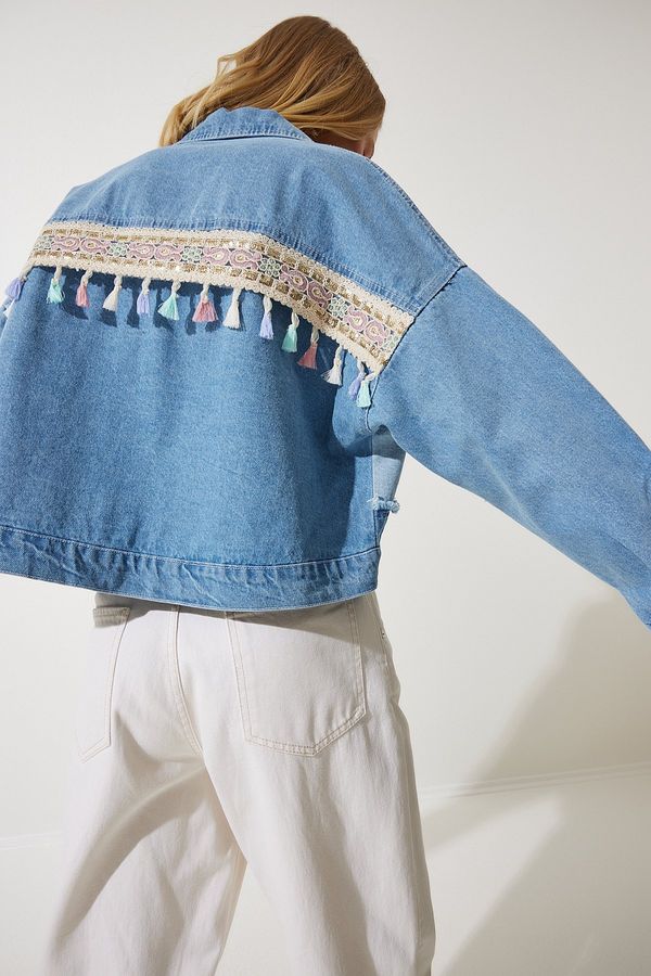 Happiness İstanbul Happiness İstanbul Women's Medium Blue Tassel Detailed Crop Denim Jacket