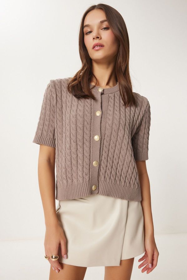 Happiness İstanbul Happiness İstanbul Women's Mink Crew Neck Hair Braided Knitwear Cardigan