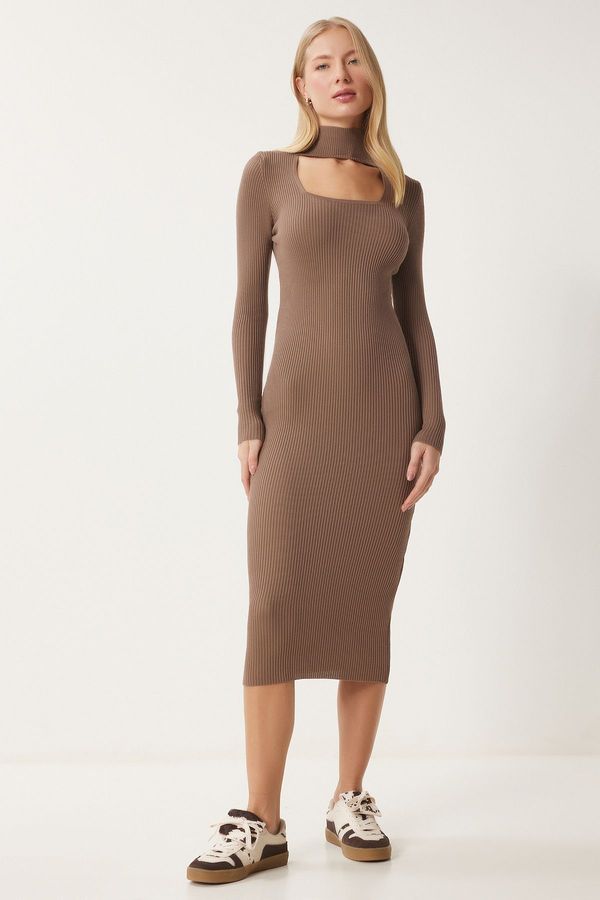 Happiness İstanbul Happiness İstanbul Women's Mink Cut Out Detailed Stand Collar Ribbed Knit Dress