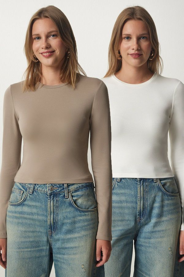 Happiness İstanbul Happiness İstanbul Women's Mink Ecru Crew Neck Wrap 2-Pack Knitted Blouse