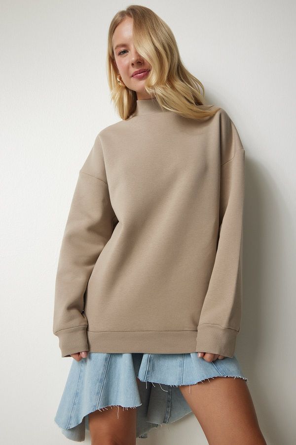 Happiness İstanbul Happiness İstanbul Women's Mink High Neck Basic Raised Sweatshirt