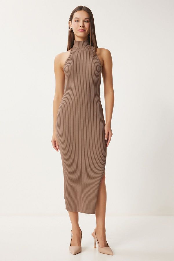 Happiness İstanbul Happiness İstanbul Women's Mink Off-the-Shoulder Wrapped Ribbed Knit Dress