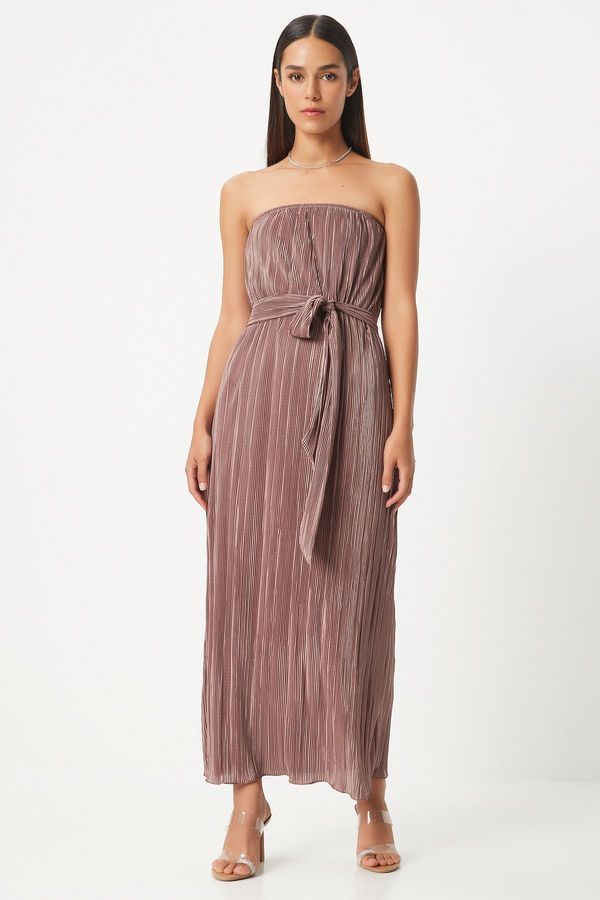 Happiness İstanbul Happiness İstanbul Women's Mink Strapless Belted Pleated Dress