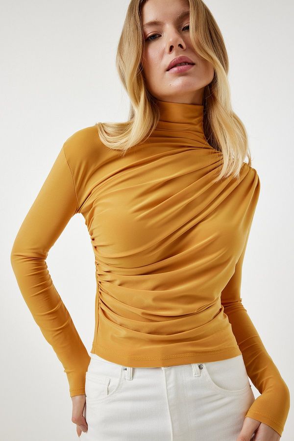 Happiness İstanbul Happiness İstanbul Women's Mustard Gathered Detailed High Neck Sandy Blouse