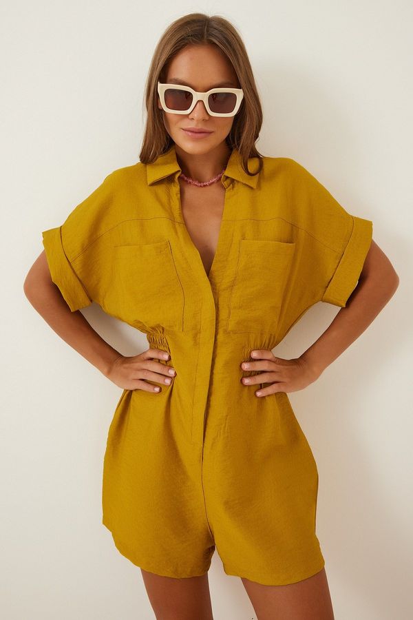 Happiness İstanbul Happiness İstanbul Women's Mustard Linen Viscose Jumpsuit with Shorts TO0009