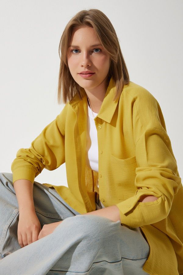 Happiness İstanbul Happiness İstanbul Women's Mustard Oversize Linen Ayrobin Shirt