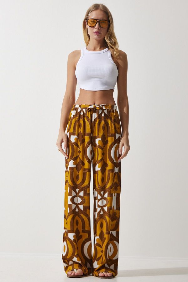 Happiness İstanbul Happiness İstanbul Women's Mustard Patterned Flowing Viscose Palazzo Trousers