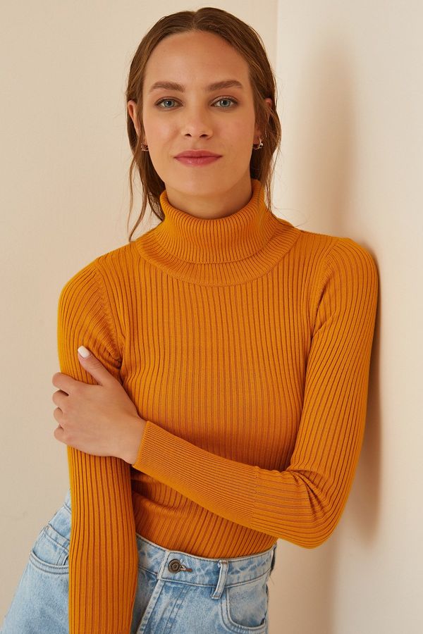 Happiness İstanbul Happiness İstanbul Women's Mustard Turtleneck Ribbed Lycra Sweater