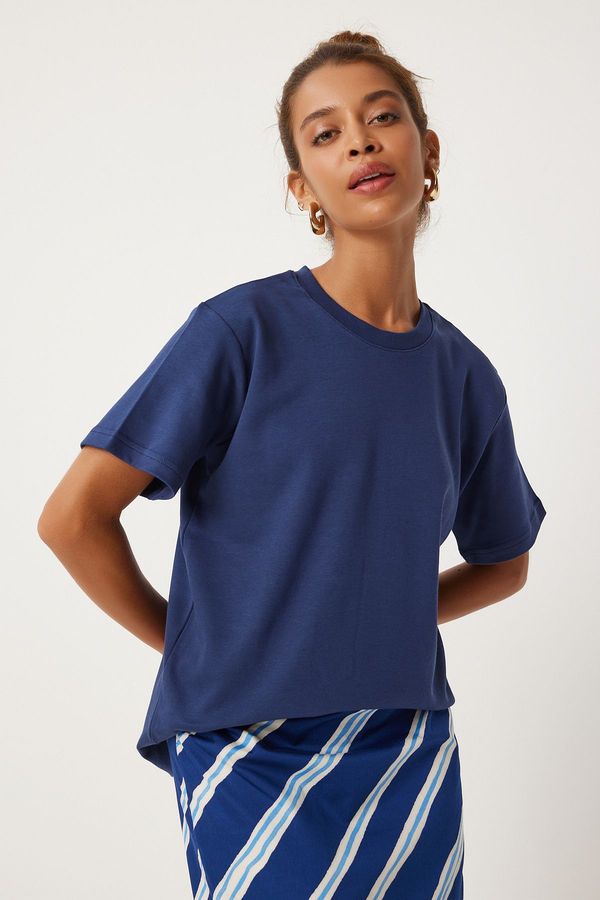 Happiness İstanbul Happiness İstanbul Women's Navy Blue Crew Neck 100% Cotton Combed Cotton T-Shirt