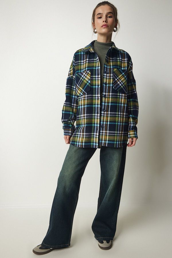 Happiness İstanbul Happiness İstanbul Women's Navy Blue Green Patterned Oversize Cachet Lumberjack Shirt