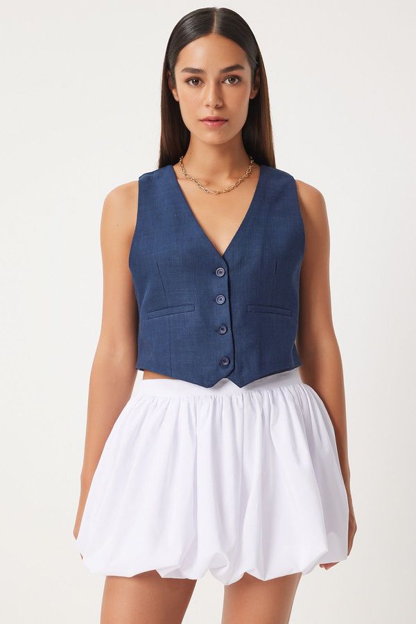 Happiness İstanbul Happiness İstanbul Women's Navy Blue Linen Short Vest