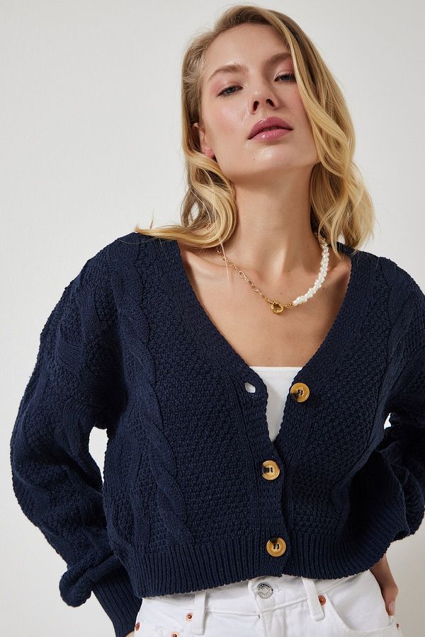 Happiness İstanbul Happiness İstanbul Women's Navy Blue Motif Buttoned Crop Knitwear Cardigan