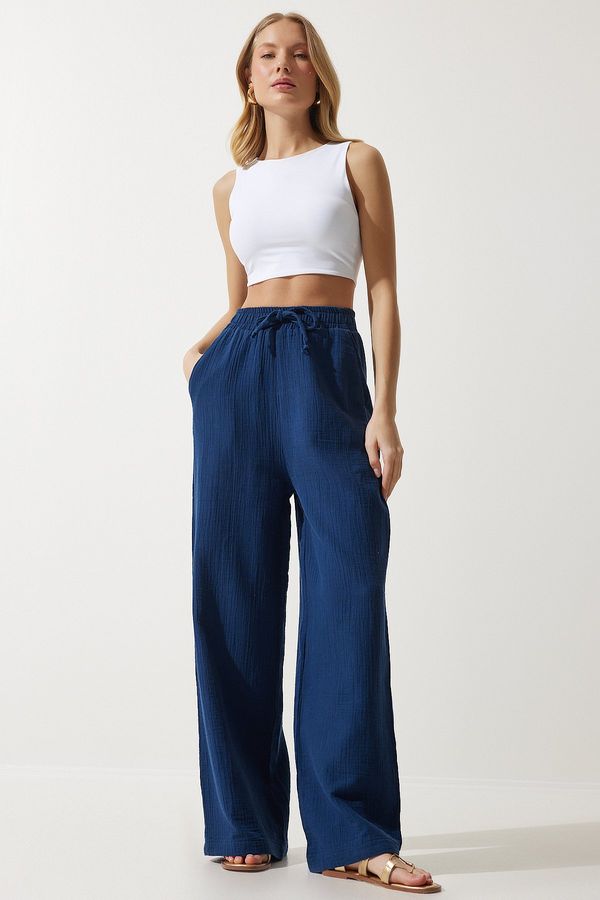 Happiness İstanbul Happiness İstanbul Women's Navy Blue Muslin Palazzo Trousers