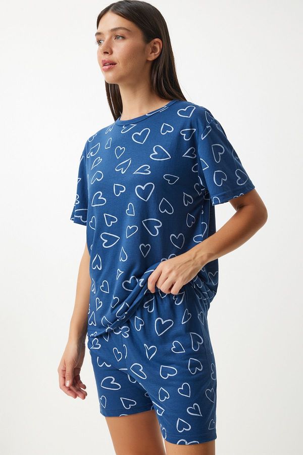 Happiness İstanbul Happiness İstanbul Women's Navy Blue Patterned Viscose Shorts T-Shirt Pajama Set