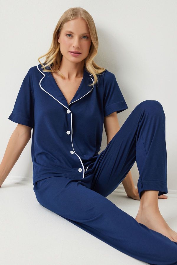 Happiness İstanbul Happiness İstanbul Women's Navy Blue Piping Detailed Shirt Trousers Pajama Set