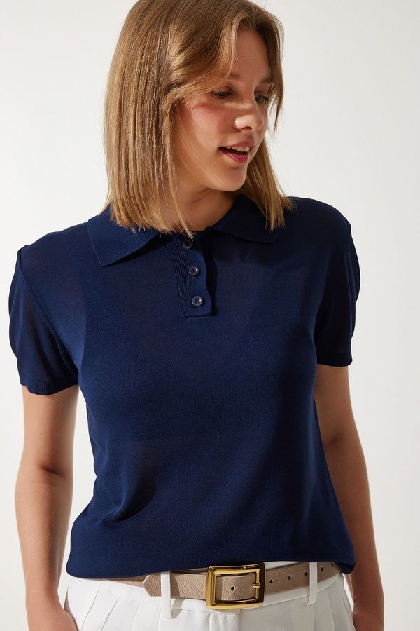 Happiness İstanbul Happiness İstanbul Women's Navy Blue Polo Neck Light Transparent Summer Knitwear Blouse