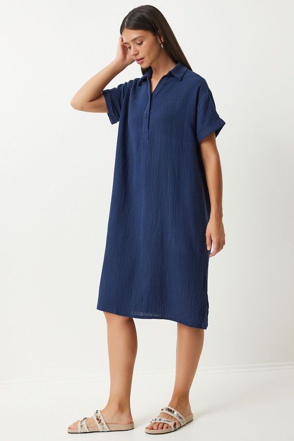 Happiness İstanbul Happiness İstanbul Women's Navy Blue Polo Neck Summer Loose Muslin Dress