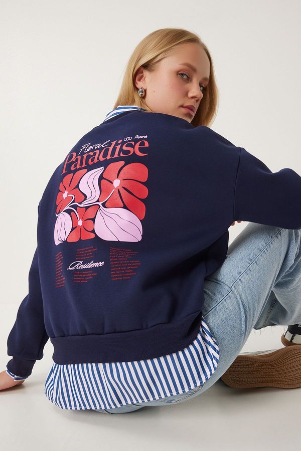 Happiness İstanbul Happiness İstanbul Women's Navy Blue Printed Raised Knitted Sweatshirt