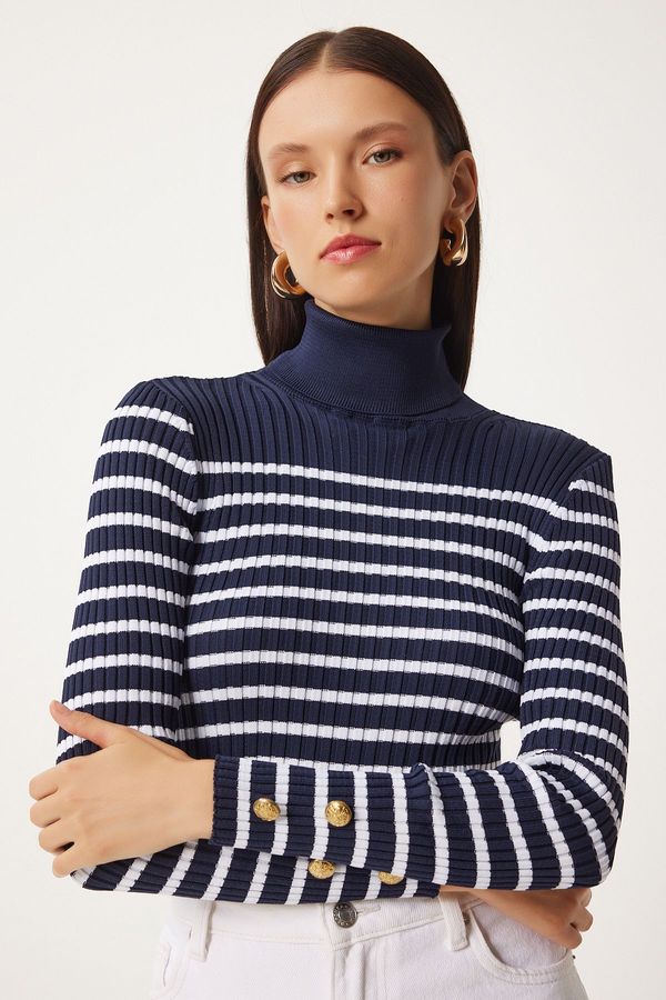Happiness İstanbul Happiness İstanbul Women's Navy Blue Turtleneck Striped Seasonal Knitwear Sweater