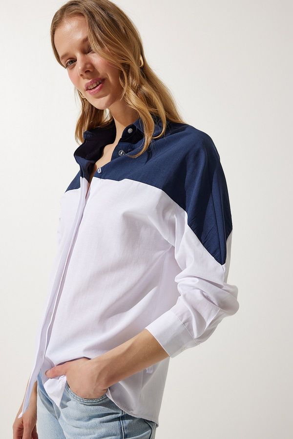 Happiness İstanbul Happiness İstanbul Women's Navy Blue White Block Color Boyfriend Shirt