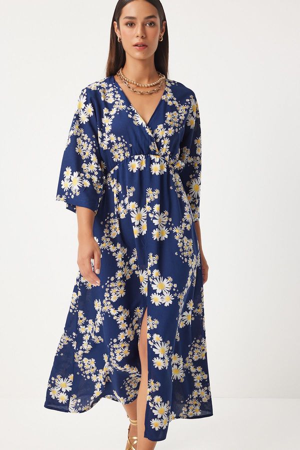 Happiness İstanbul Happiness İstanbul Women's Navy Blue Wrap Collar Patterned Summer Viscose Dress