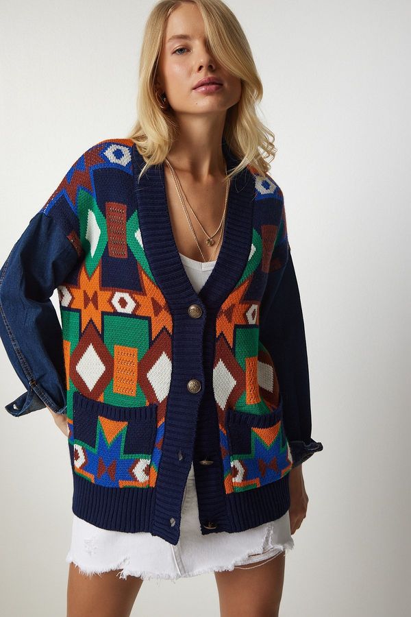 Happiness İstanbul Happiness İstanbul Women's Navy Orange Denim Sleeve Detailed Patterned Knitwear Cardigan
