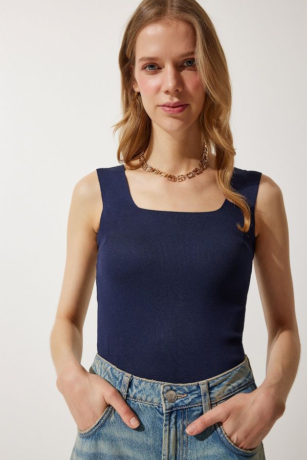 Happiness İstanbul Happiness İstanbul Women's Navy Square Neck Knitwear Crop Blouse