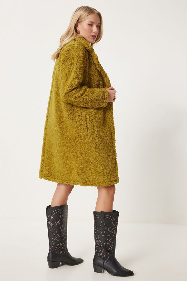 Happiness İstanbul Happiness İstanbul Women's Oil Green Lapel Collar Plush Coat