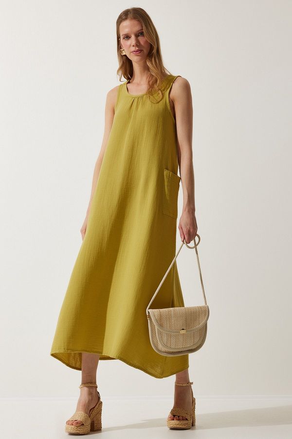 Happiness İstanbul Happiness İstanbul Women's Oil Green Wide Pocket Summer Muslin Dress