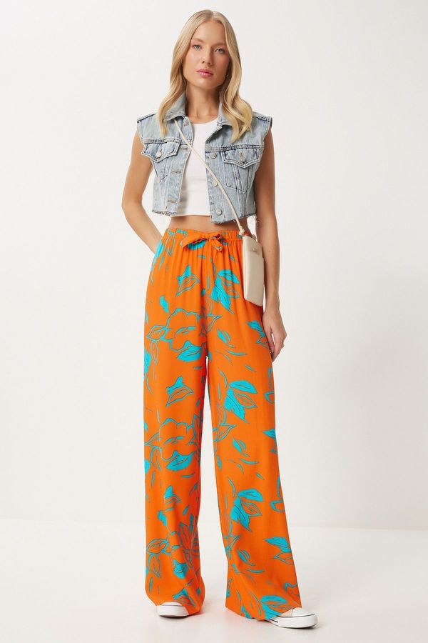 Happiness İstanbul Happiness İstanbul Women's Orange Blue Patterned Flowy Viscose Palazzo Trousers