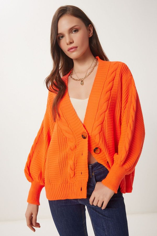 Happiness İstanbul Happiness İstanbul Women's Orange Braided Balloon Sleeve Loose Knitwear Cardigan